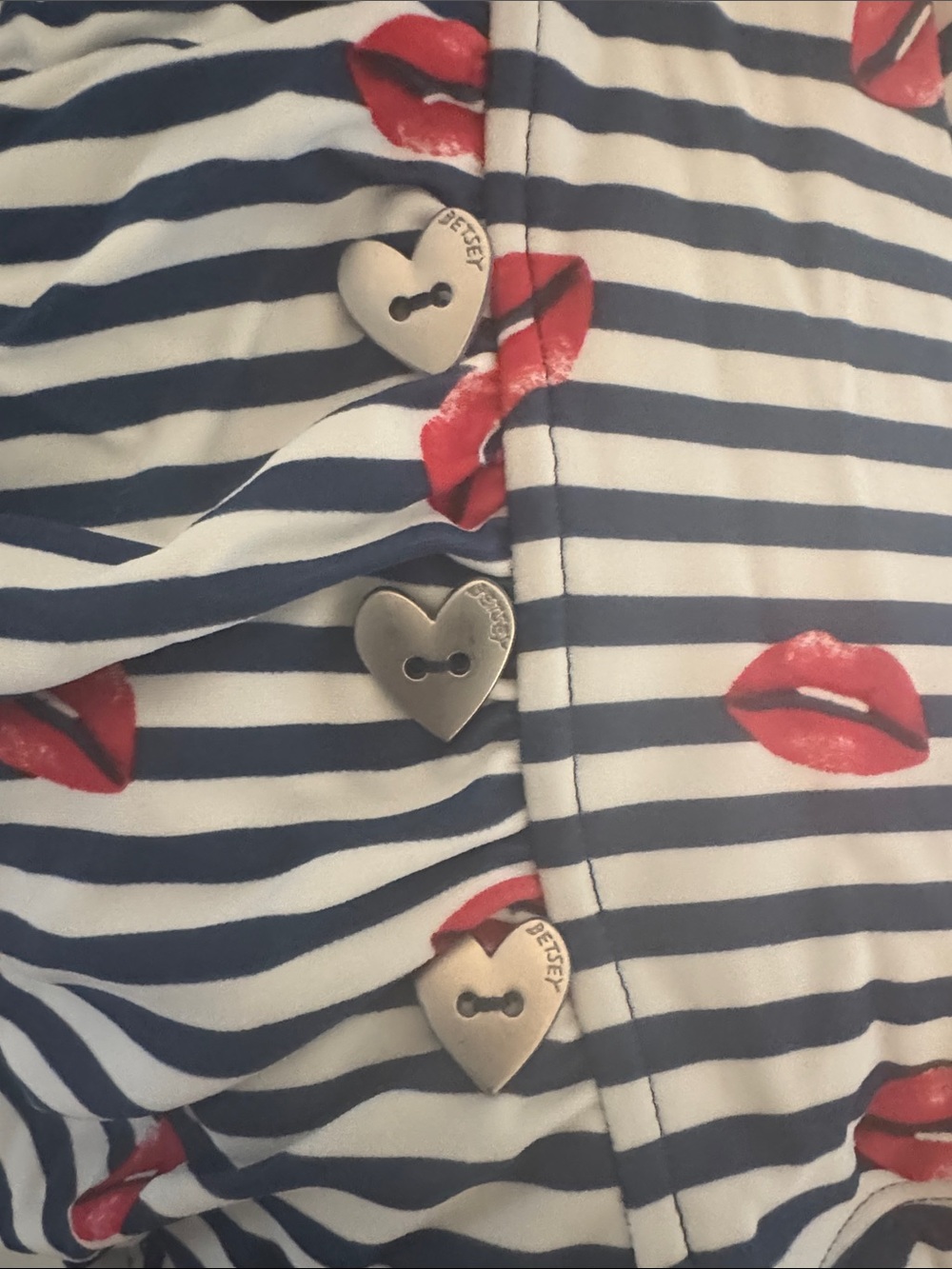 Betsey Johnson Navy and White Striped One-Piece Swimsuit with Red Lip Print - Picture 2 of 3
